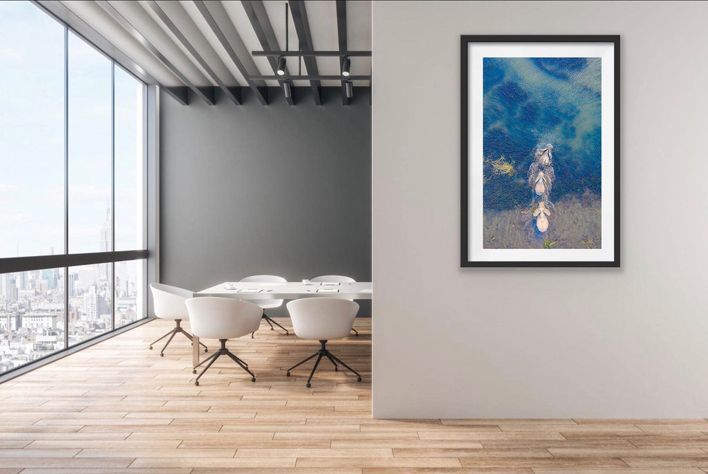 Interior layout showcasing an image of crossing elephants into vibrant ble water